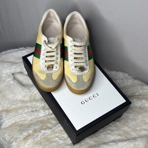 Gucci Yellow Leather & Suede Sneakers with Green-Red Web
